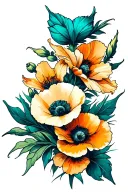 Golden and teal bold bright poppy and gladiolus flower tattoos tattoo design idea