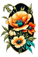 Golden and teal bold bright poppy and gladiolus flower tattoos tattoo design idea