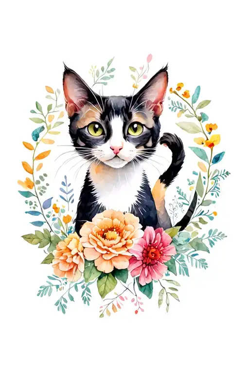 cats flowers vintage sewing machine surrounded tattoo design idea