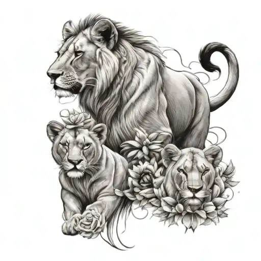 lioness and 2 cubs. rose and sunflower. Mandela design with elements tattoo design idea