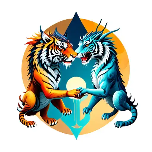 libra dragon tiger aquarius couple holding hands tattoo design idea