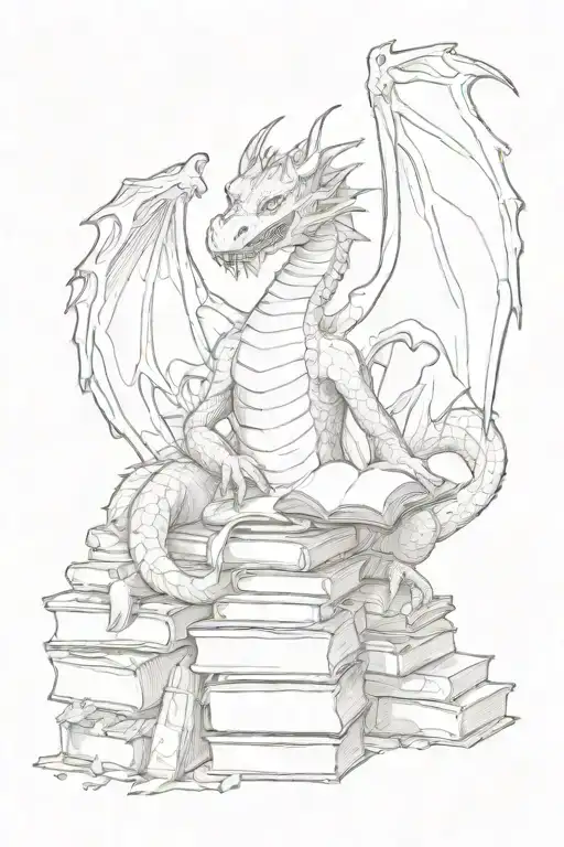 dragon sitting on a hoard of books with an hobbit stealing one book tattoo design idea