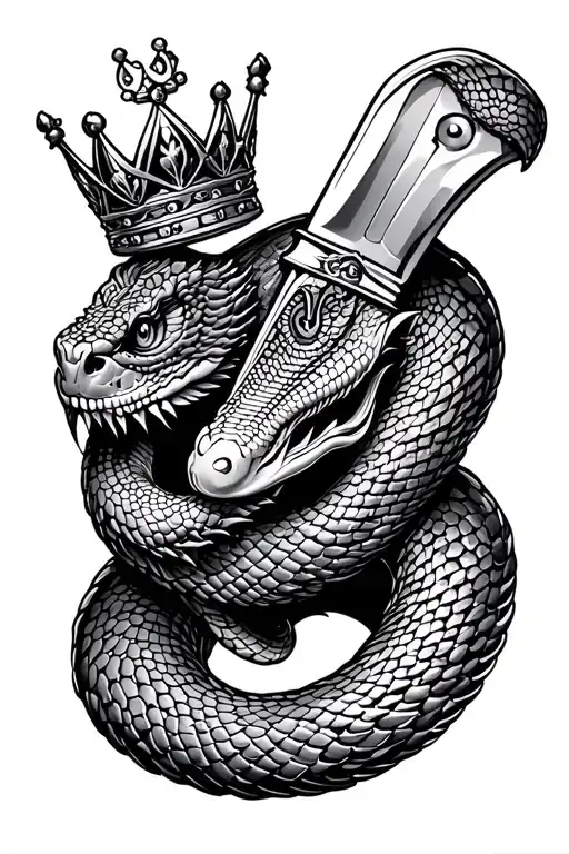 king cobra on a knife blade with a crown on the handle  tattoo design idea