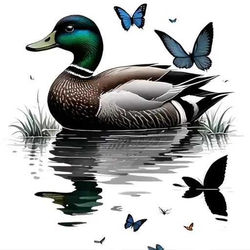 mallard ducks over lake with butterflies and little plants by lake with mom and son walking around it tattoo design idea