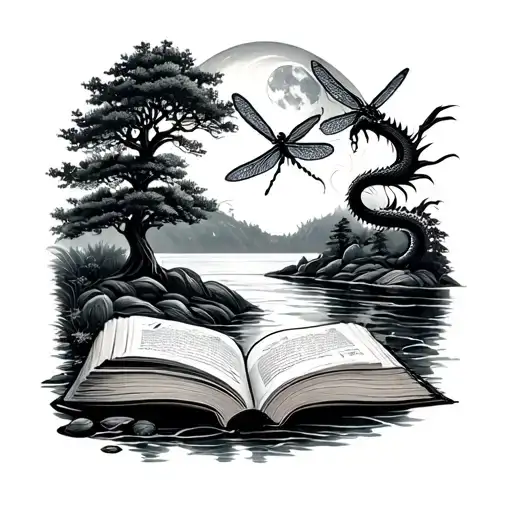 tree, book, river, coffee, dragon fly, moon tattoo design idea