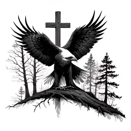 cross fading in to trees with a little eagl in one of the trees  tattoo design idea