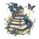 stack of open books with black dragon, moon   butterflies, vines and flowers swirling around in dark jewel tone colors tattoo design idea