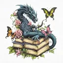 stack of open books with black dragon, moon   butterflies, vines and flowers swirling around in dark jewel tone colors tattoo design idea