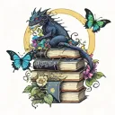 stack of open books with black dragon, moon   butterflies, vines and flowers swirling around in dark jewel tone colors tattoo design idea