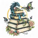 stack of open books with black dragon, moon   butterflies, vines and flowers swirling around in dark jewel tone colors tattoo design idea