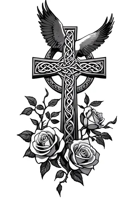 Celtic cross with three roses underneath the cross, wrapped in rose vine, and a dove flying over the cross  tattoo design idea