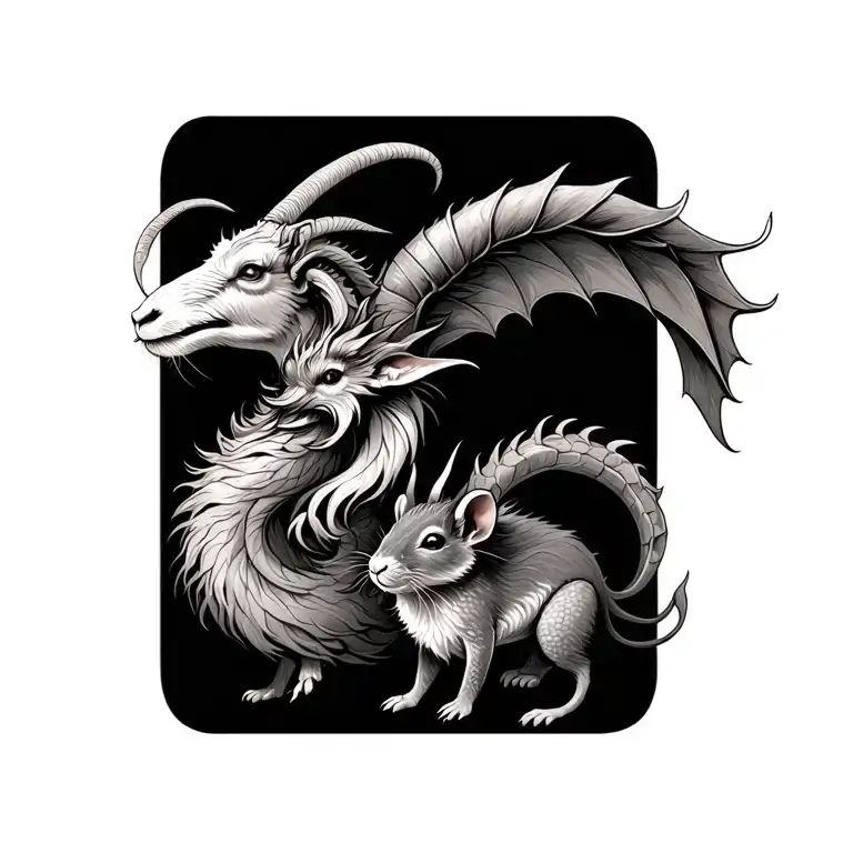zodiac fusion goat, dragon and rat tattoo design idea