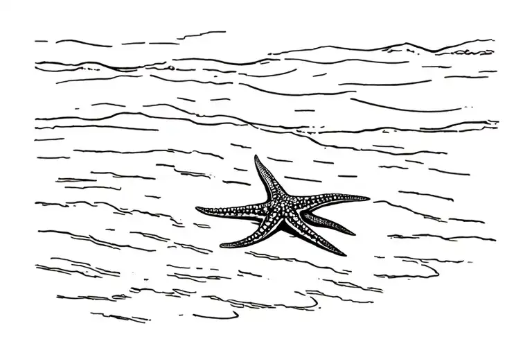  Black line minimal shading or line detail. 5 arm Star fish lying in sea long line of shore on beach gentle surf tattoo design idea