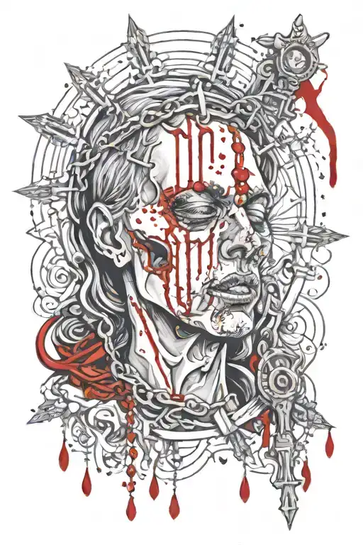 gore religious death scene featuring blood and eyes and a rosary splitting a face in half tattoo design idea