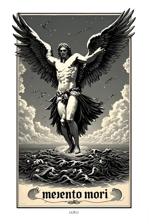 Icarus falling from the sky with the words memento mori vertical next to him tattoo design idea