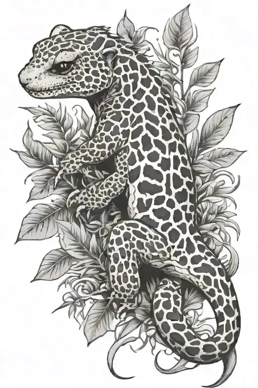 leopard gecko and plants intertwined tattoo design idea