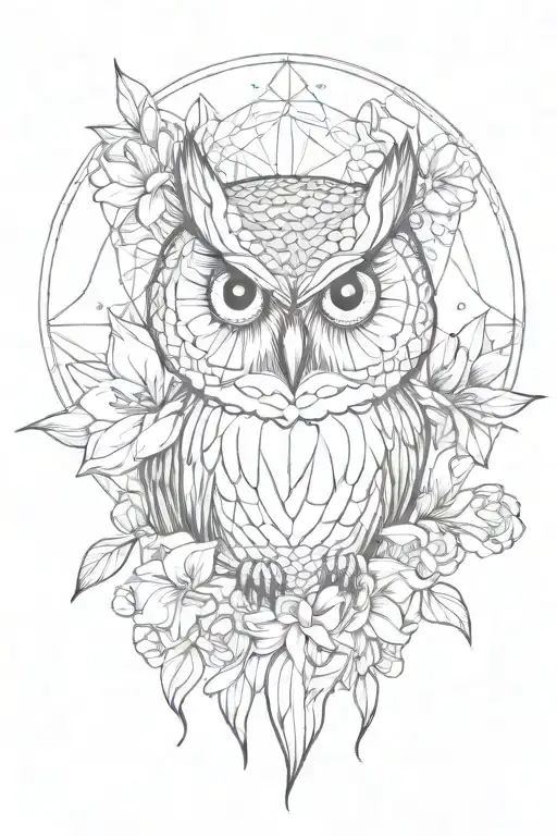 owl face with no geometric surrounded by cosmo flower and gladiolus flower tattoo design idea