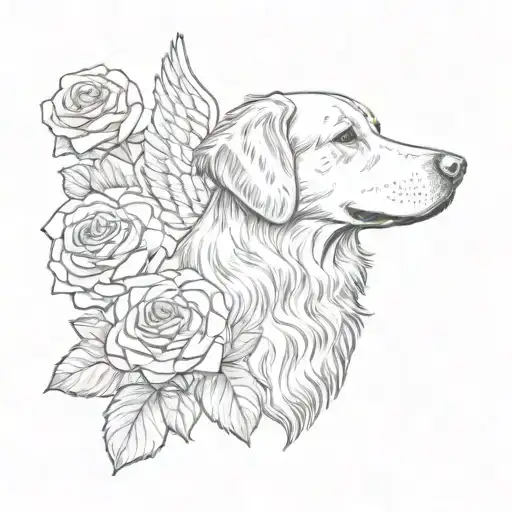dog memorial tattoo, nova scotia duck tolling retriever with angel wings, and roses tattoo design idea