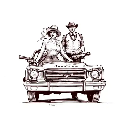 Bonnie And Clyde clyde has a gun standing in front of the car with bonnie tattoo design idea