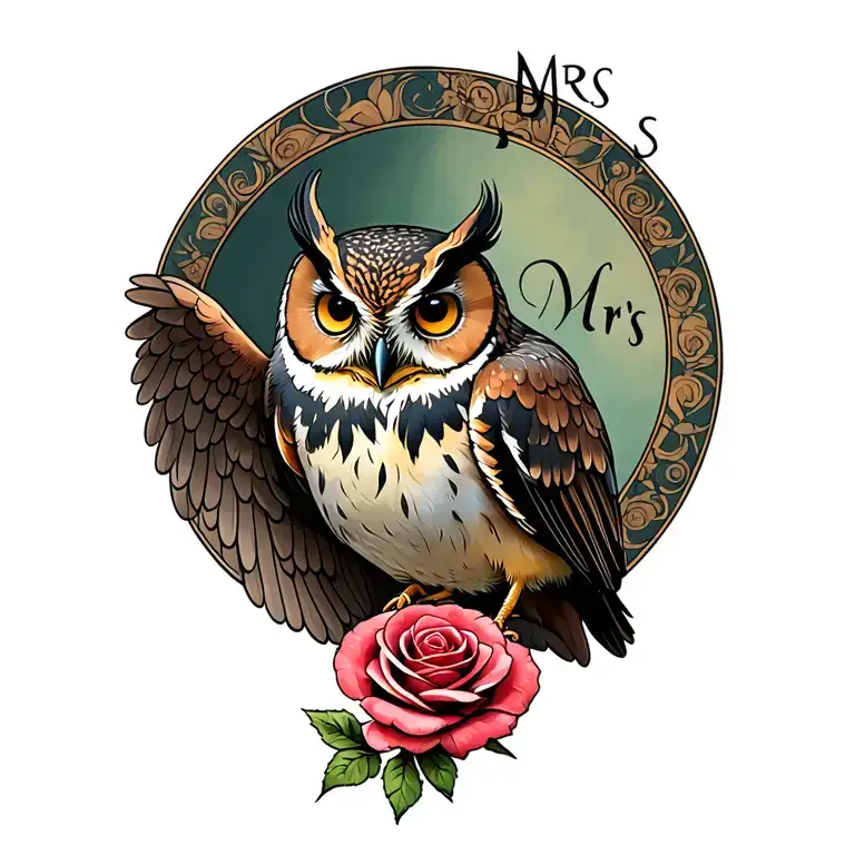 "Mrs B" owl with wings round robin holding a rose tattoo design idea