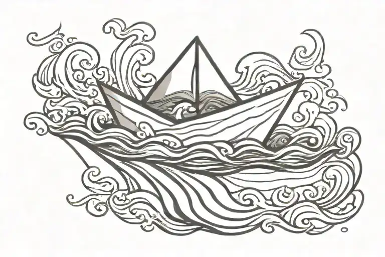 paper boat on waves flowing tattoo design idea