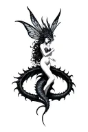 for underboobs dark style, a fairy entwinded by a dragon tattoo design idea