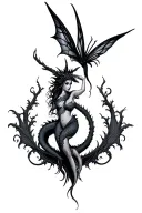 for underboobs dark style, a fairy entwinded by a dragon tattoo design idea