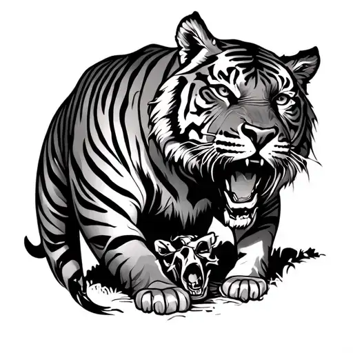 The middle back tattoo is a fierce tiger tattoo. Next to the tiger is a forest and there are animal carcasses lying on t tattoo design idea
