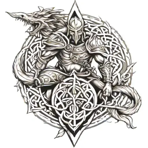 warrior with dragons Tattoo Design Featuring Celtic Trinity Knot Tattoo Idea tattoo design idea