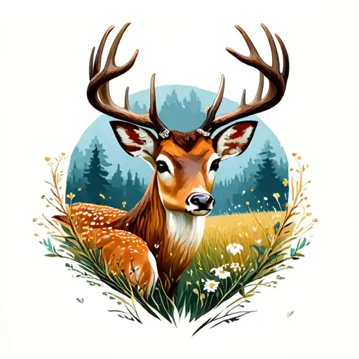 stag head looking at a fawn nesstled in a field with a scottish blue background  tattoo design idea