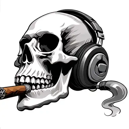Cigar Smoking Skull wearing headphones tattoo design idea