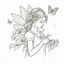 a small simple tattoo of a young girl dressed a in fairy / princess costume holding dandelions  tattoo design idea
