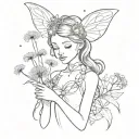 a small simple tattoo of a young girl dressed a in fairy / princess costume holding dandelions  tattoo design idea