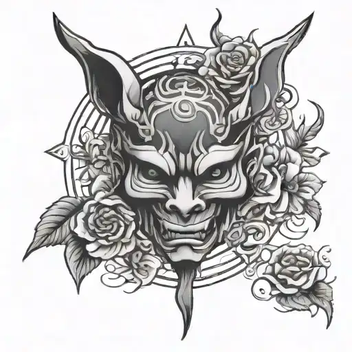 Summoning circle surrounding a rose. Japanese demon mask tattoo design idea
