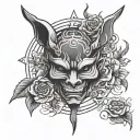 Summoning circle surrounding a rose. Japanese demon mask tattoo design idea