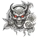 Summoning circle surrounding a rose. Japanese demon mask tattoo design idea