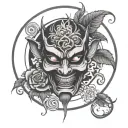 Summoning circle surrounding a rose. Japanese demon mask tattoo design idea