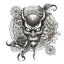 Summoning circle surrounding a rose. Japanese demon mask tattoo design idea