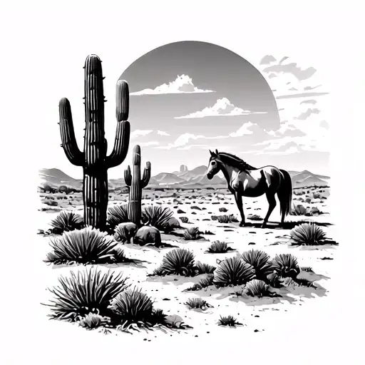 A western landscape with cacti, tumbleweeds, and a lone horse tattoo design idea
