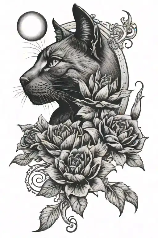 cat moon Flowers tattoo design idea