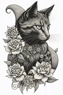 cat moon Flowers tattoo design idea
