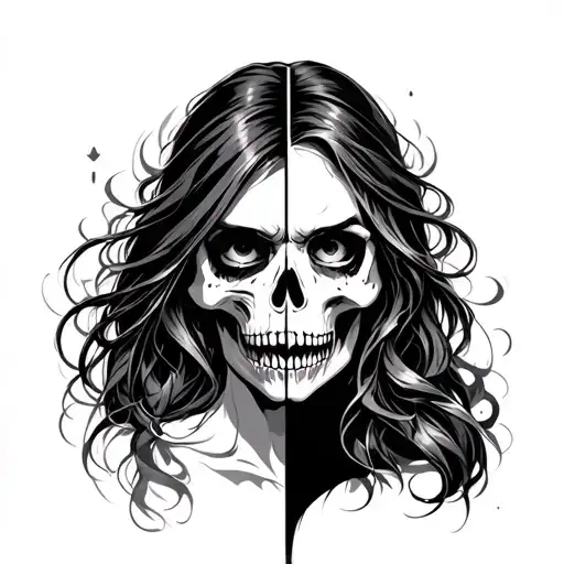 half skull crying half woman warrior tattoo design idea