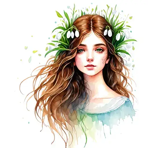 woman with long brown hair and open snowdrop flower on the head tattoo design idea