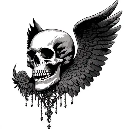skull with downturned angel wings in gothic and Victorian style tattoo design idea