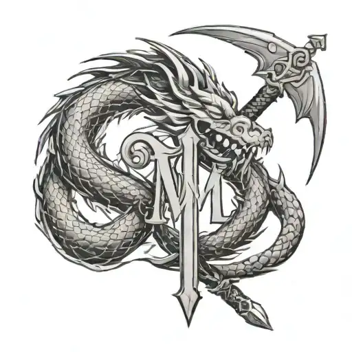dragon around a sword with letter M hidden somewhere tattoo design idea