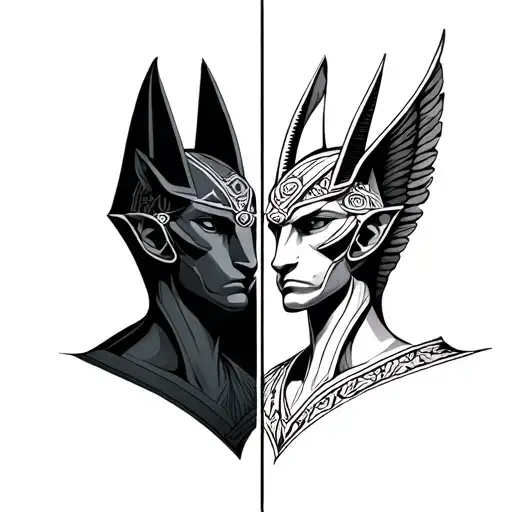 Black Grey White tattoo concept of Anubis and Anuket whole body side by side but only half of each character, Anubis on  tattoo design idea