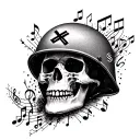 A skull with a Vietnam war helmet surrounded by music notes and SS symbols tattoo design idea