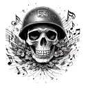 A skull with a Vietnam war helmet surrounded by music notes and SS symbols tattoo design idea