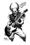 Dark demon without horns, smiling with crooked teeth. Playing a death metal 6-string electric guitar. Around him are emp tattoo design idea