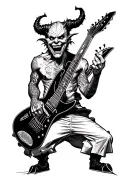 Dark demon without horns, smiling with crooked teeth. Playing a death metal 6-string electric guitar. Around him are emp tattoo design idea